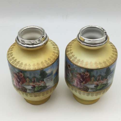 Pair Antique Porcelain and Silver Neo-Classical Vases (1910)
