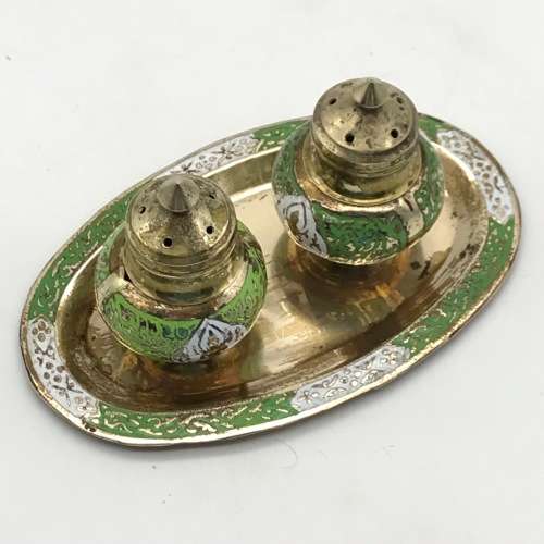 Brass and Enamel Vintage Cloisonne Cruet Set