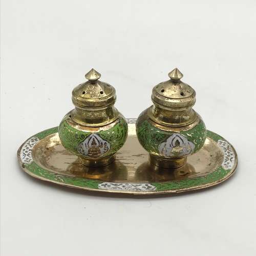 Brass and Enamel Vintage Cloisonne Cruet Set