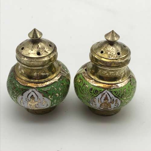 Brass and Enamel Vintage Cloisonne Cruet Set