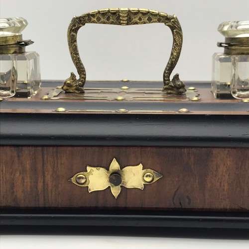Vintage Wooden and Brass Double Ink Stand with Draw