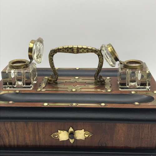 Vintage Wooden and Brass Double Ink Stand with Draw