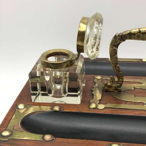 Vintage Wooden and Brass Double Ink Stand with Draw