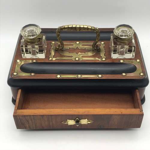 Vintage Wooden and Brass Double Ink Stand with Draw