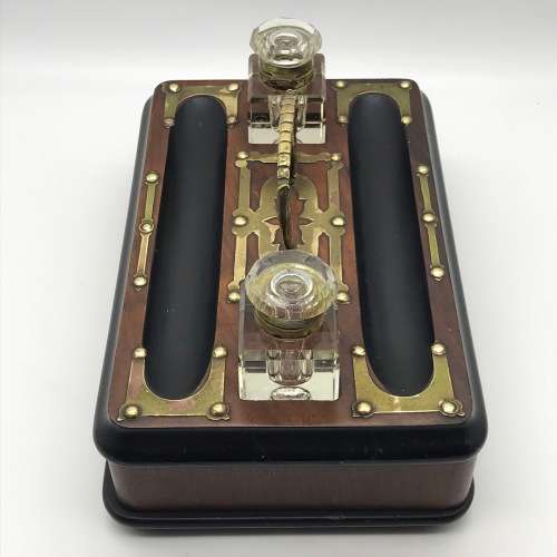 Vintage Wooden and Brass Double Ink Stand with Draw
