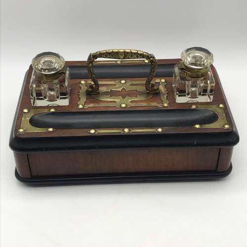 Vintage Wooden and Brass Double Ink Stand with Draw