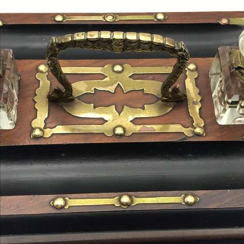 Vintage Wooden and Brass Double Ink Stand with Draw