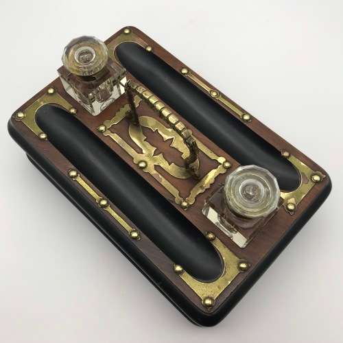 Vintage Wooden and Brass Double Ink Stand with Draw