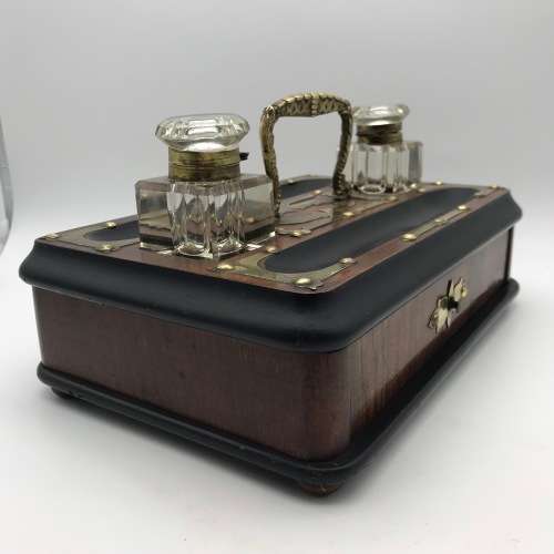Vintage Wooden and Brass Double Ink Stand with Draw