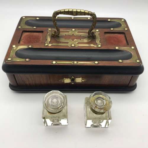 Vintage Wooden and Brass Double Ink Stand with Draw