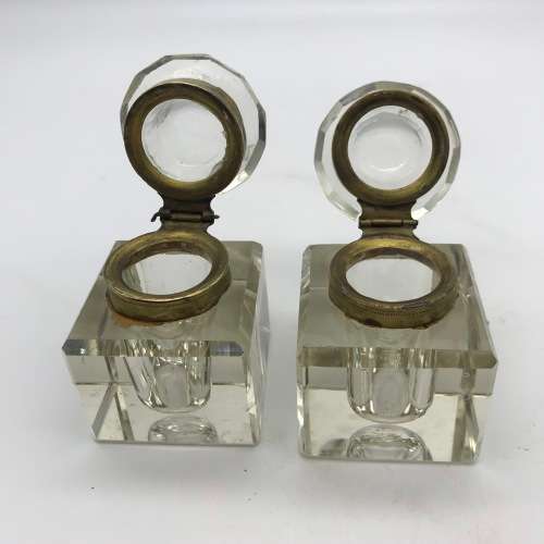 Vintage Wooden and Brass Double Ink Stand with Draw