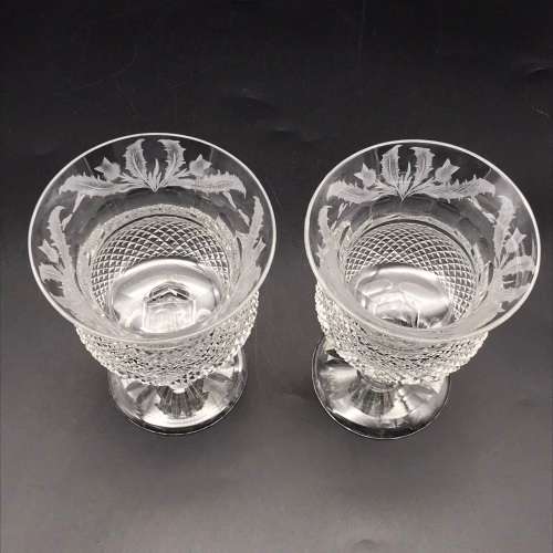 Scarce Pair of Thistle `Edinburgh & Leith` Crystal Wine Glasses