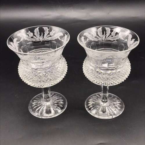 Scarce Pair of Thistle `Edinburgh & Leith` Crystal Wine Glasses