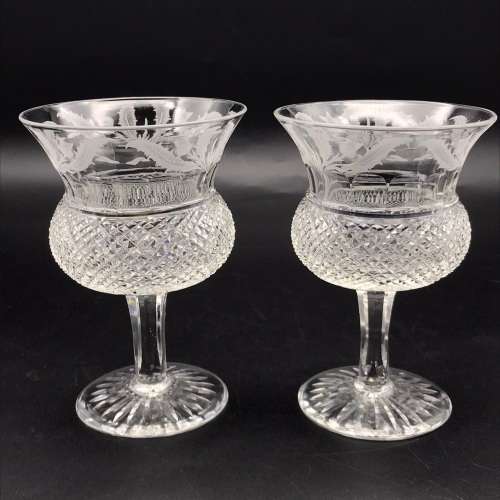 Scarce Pair of Thistle `Edinburgh & Leith` Crystal Wine Glasses