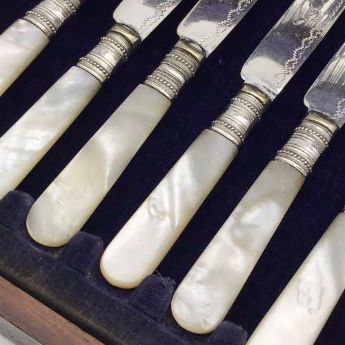 Antique Mother of Pearl Dessert Knives & Forks (Cased)