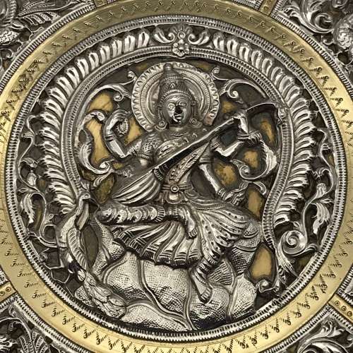 Impressive Early Indian Silver Inlaid Brass Wall Plate