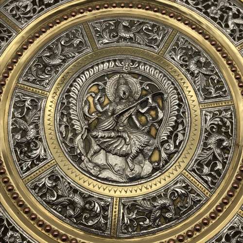 Impressive Early Indian Silver Inlaid Brass Wall Plate