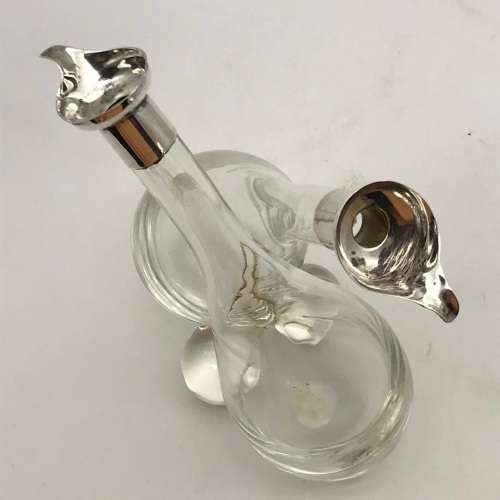 Unusual Antique Conjoined Oil & Vinegar Bottle with Silver Mounts