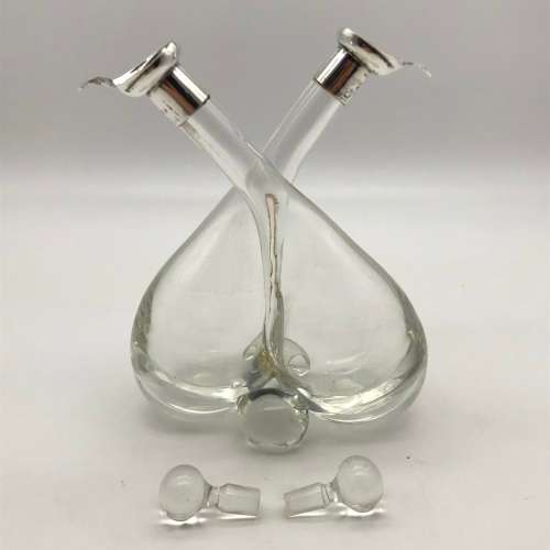 Unusual Antique Conjoined Oil & Vinegar Bottle with Silver Mounts