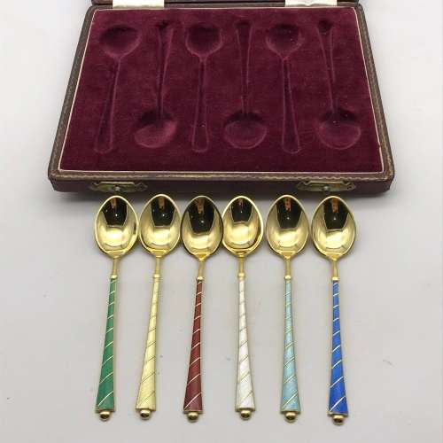 Danish Silver & Enamel Boxed Spoons (ELa - Denmark) (Asprey`s)
