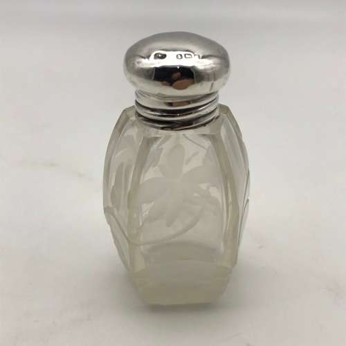 Antique Sterling Silver & Floral Etched Crystal Scent Bottle
