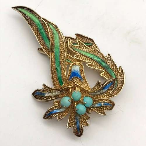 Early Silver Gilt, Enamel & Turquoise Floral Brooch