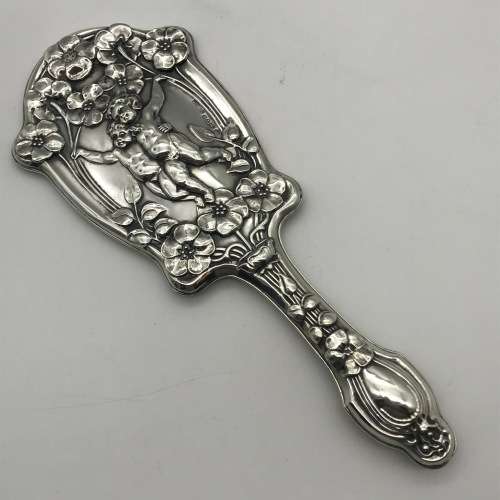 Stunning Antique Silver Art Nouveau Cherubs Hand Mirror (1904)