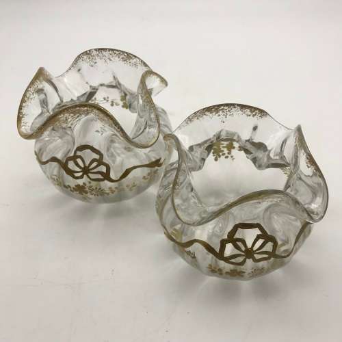 Pair Victorian `Gilt Decorated - Handkerchief` Glass Vases