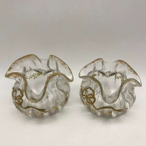 Pair Victorian `Gilt Decorated - Handkerchief` Glass Vases
