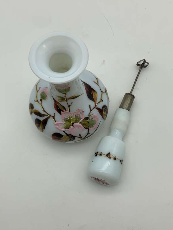 Antique Hand Painted Opaline Glass Scent Bottle
