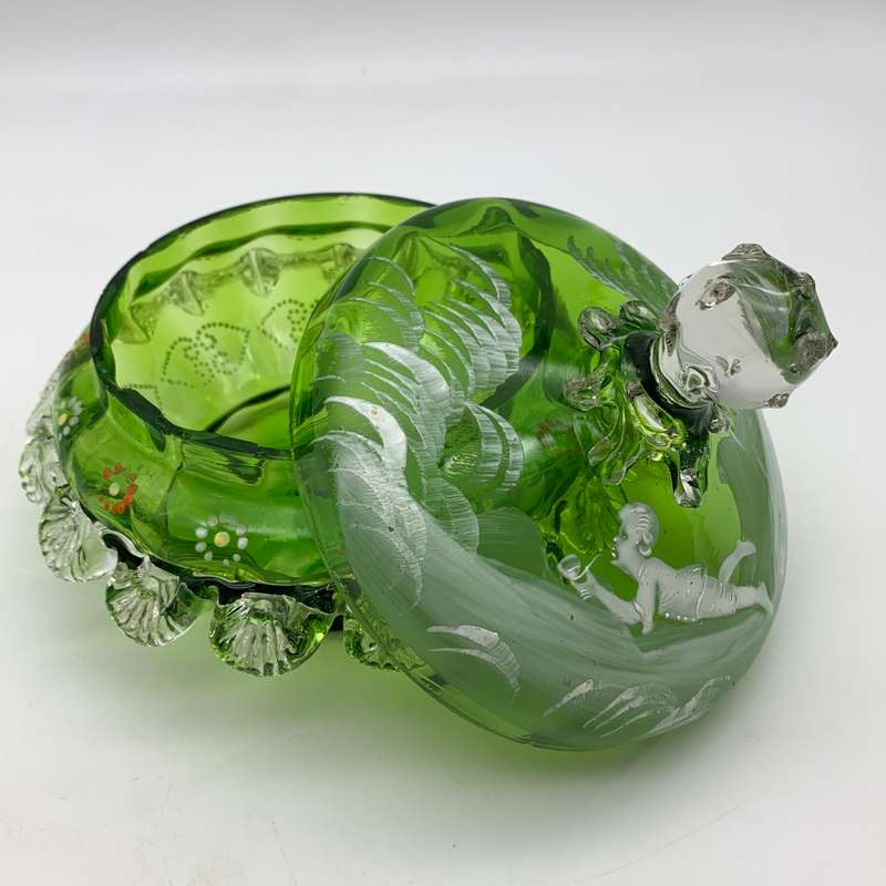 Antique `Mary Gregory` Enamelled Glass Bowl & Lid
