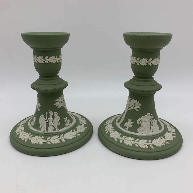 Lovely Green 'Wedgwood' Jasperware Candlesticks