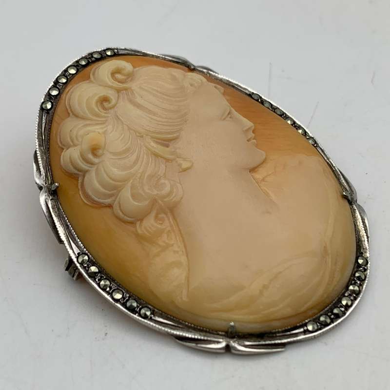 Vintage Silver & Marcasite Cameo Brooch or Pendant