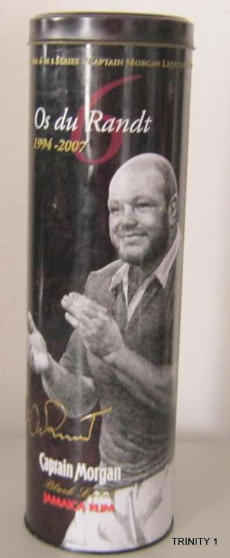 CAPTAIN MORGAN LEGENDS OF RUGBY TIN WITH PIC OF OS DU RANDT 1994-2007(32CM LONG)