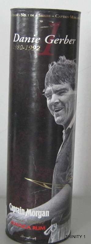 CAPTAIN MORGAN LEGENDS OF RUGBY TIN WITH PIC OF DANIE GERBER 1980 - 1992(32CM LONG)