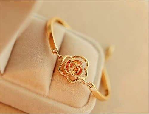 Fashion, Women¿s Crystal Flower Bangle Gold Filled Cuff Chain Bracelet Jewelry