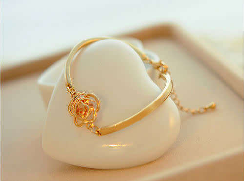 Fashion, Women¿s Crystal Flower Bangle Gold Filled Cuff Chain Bracelet Jewelry