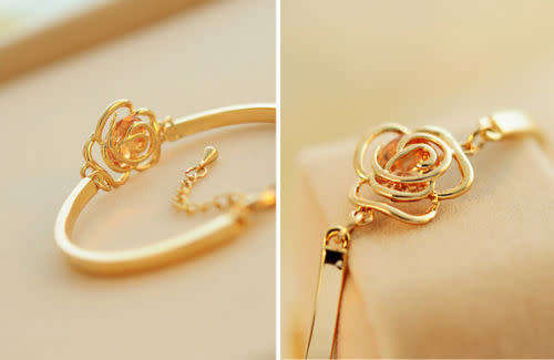 Fashion, Women¿s Crystal Flower Bangle Gold Filled Cuff Chain Bracelet Jewelry
