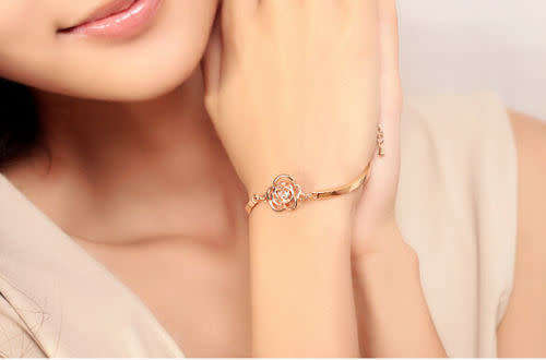 Fashion, Women¿s Crystal Flower Bangle Gold Filled Cuff Chain Bracelet Jewelry