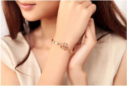Fashion, Women¿s Crystal Flower Bangle Gold Filled Cuff Chain Bracelet Jewelry