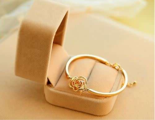 Fashion, Women¿s Crystal Flower Bangle Gold Filled Cuff Chain Bracelet Jewelry