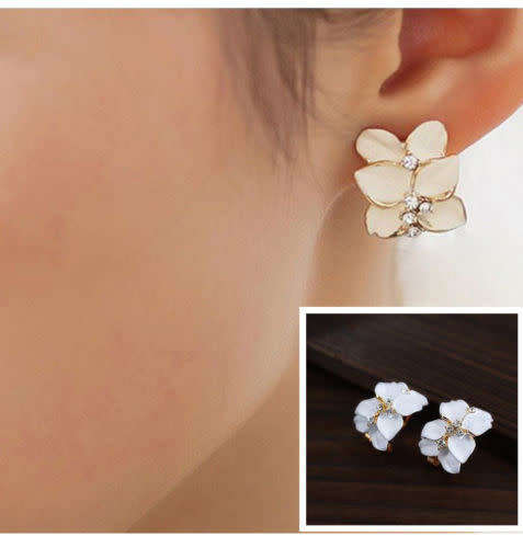 Cute Gardenia Flower Crystal Ear Studs Rhinestone Earrings Ear Hoop Buckle Women