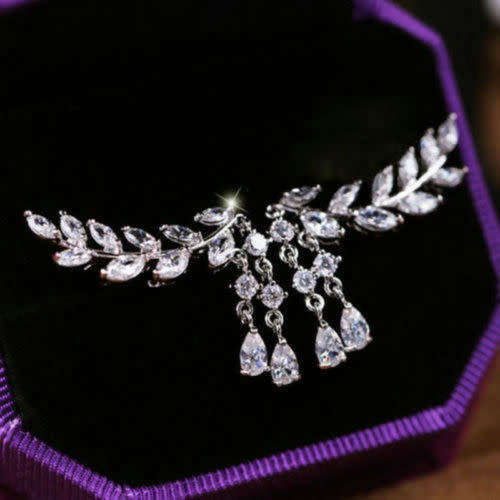 Women Fashion Silver Crystal Leaves Tassel Ear Stud Earrings Jewelry