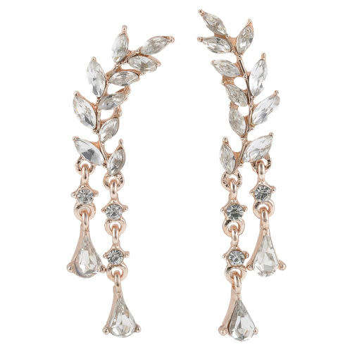 Women Fashion Silver Crystal Leaves Tassel Ear Stud Earrings Jewelry
