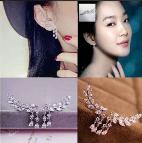 Women Fashion Silver Crystal Leaves Tassel Ear Stud Earrings Jewelry