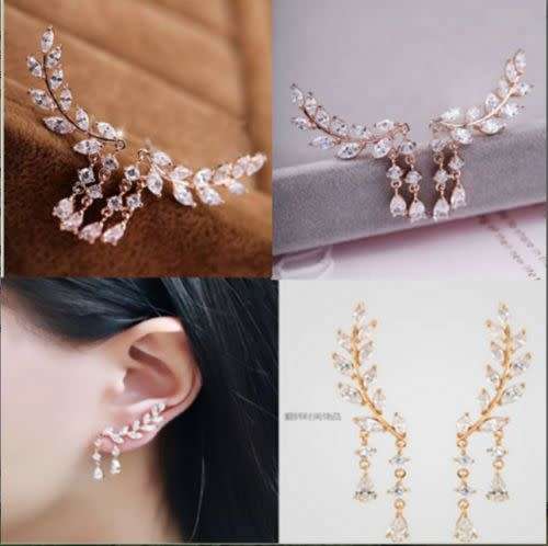 Women Fashion Silver Crystal Leaves Tassel Ear Stud Earrings Jewelry