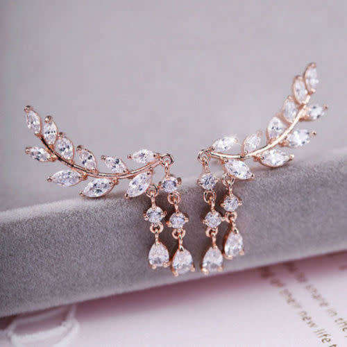 Women Fashion Silver Crystal Leaves Tassel Ear Stud Earrings Jewelry