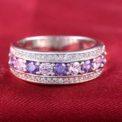 White gold plated purple jewellery for women diamond round fashion party Cocktail rings size6;7;8 US
