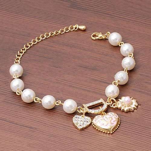 Crystal Pearls Heart Gold Filled Cuff Chain Bracelet