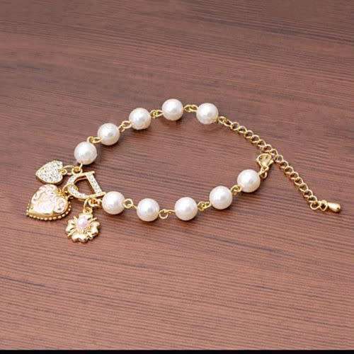 Crystal Pearls Heart Gold Filled Cuff Chain Bracelet